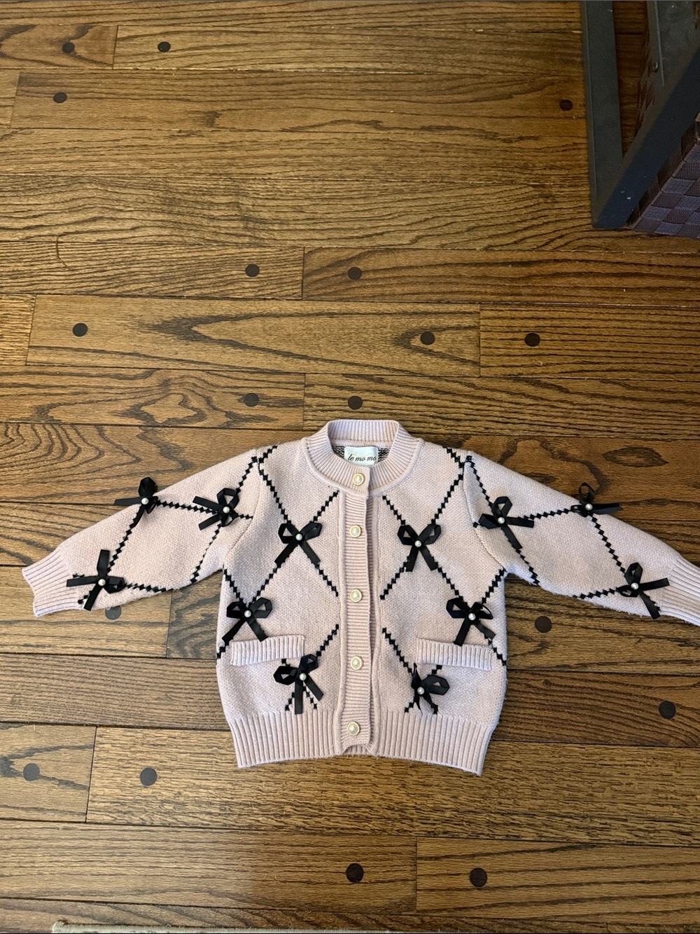 Le Mo Mo Blush Pink Knit Cardigan with Black Bow/Pearl Details